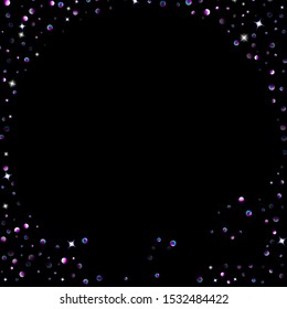 Purple glitter elements, stars shiny confetti. Scattered little, sparkling, flashing ultra violet, Random tiny stellar falling on black background. New Year, Christmas background. Vector illustration.