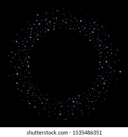 Purple glitter elements, stars shiny confetti. Scattered little, sparkling, flashing ultra violet, Random tiny stellar falling on black background. New Year, Christmas background. Vector illustration.