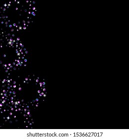 Purple glitter elements, stars shiny confetti. Scattered little, sparkling, flashing ultra violet, Random tiny stellar falling on black background. New Year, Christmas background. Vector illustration.