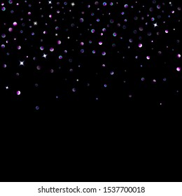 Purple glitter elements, stars shiny confetti. Scattered little, sparkling, flashing ultra violet, Random tiny stellar falling on black background. New Year, Christmas background. Vector illustration.