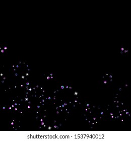 Purple glitter elements, stars shiny confetti. Scattered little, sparkling, flashing ultra violet, Random tiny stellar falling on black background. New Year, Christmas background. Vector illustration.