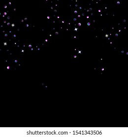 Purple glitter elements, stars shiny confetti. Scattered little, sparkling, flashing ultra violet, Random tiny stellar falling on black background. New Year, Christmas background. Vector illustration.