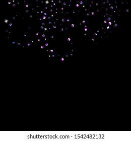 Purple glitter elements, stars shiny confetti. Scattered little, sparkling, flashing ultra violet, Random tiny stellar falling on black background. New Year, Christmas background. Vector illustration.