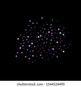Purple glitter elements, stars shiny confetti. Scattered little, sparkling, flashing ultra violet, Random tiny stellar falling on black background. New Year, Christmas background. Vector illustration.
