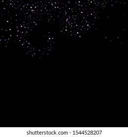 Purple glitter elements, stars shiny confetti. Scattered little, sparkling, flashing ultra violet, Random tiny stellar falling on black background. New Year, Christmas background. Vector illustration.