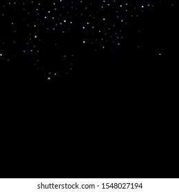 Purple glitter elements, stars shiny confetti. Scattered little, sparkling, flashing ultra violet, Random tiny stellar falling on black background. New Year, Christmas background. Vector illustration.