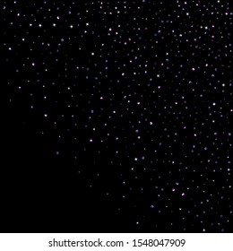 Purple glitter elements, stars shiny confetti. Scattered little, sparkling, flashing ultra violet, Random tiny stellar falling on black background. New Year, Christmas background. Vector illustration.
