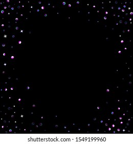 Purple glitter elements, stars shiny confetti. Scattered little, sparkling, flashing ultra violet, Random tiny stellar falling on black background. New Year, Christmas background. Vector illustration.