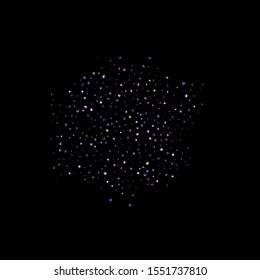 Purple glitter elements, stars shiny confetti. Scattered little, sparkling, flashing ultra violet, Random tiny stellar falling on black background. New Year, Christmas background. Vector illustration.
