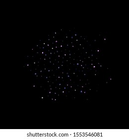 Purple glitter elements, stars shiny confetti. Scattered little, sparkling, flashing ultra violet, Random tiny stellar falling on black background. New Year, Christmas background. Vector illustration.
