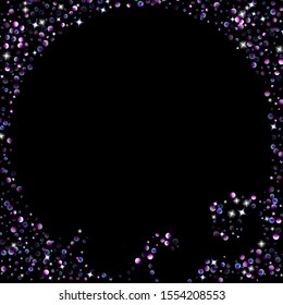 Purple glitter elements, stars shiny confetti. Scattered little, sparkling, flashing ultra violet, Random tiny stellar falling on black background. New Year, Christmas background. Vector illustration.