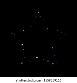 Purple glitter elements, stars shiny confetti. Scattered little, sparkling, flashing ultra violet, Random tiny stellar falling on black background. New Year, Christmas background. Vector illustration.
