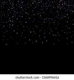 Purple glitter elements, stars shiny confetti. Scattered little, sparkling, flashing ultra violet, Random tiny stellar falling on black background. New Year, Christmas background. Vector illustration.