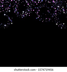 Purple glitter elements, stars shiny confetti. Scattered little, sparkling, flashing ultra violet, Random tiny stellar falling on black background. New Year, Christmas background. Vector illustration.