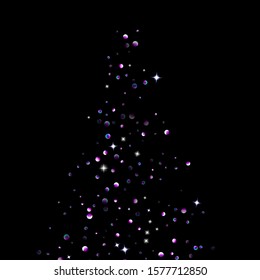Purple glitter elements, stars shiny confetti. Scattered little, sparkling, flashing ultra violet, Random tiny stellar falling on black background. New Year, Christmas background. Vector illustration.