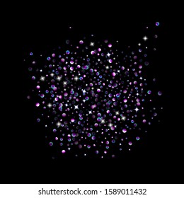 Purple glitter elements, stars shiny confetti. Scattered little, sparkling, flashing ultra violet, Random tiny stellar falling on black background. New Year, Christmas background. Vector illustration.