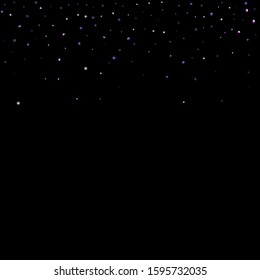 Purple glitter elements, stars shiny confetti. Scattered little, sparkling, flashing ultra violet, Random tiny stellar falling on black background. New Year, Christmas background. Vector illustration.