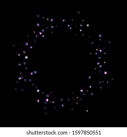 Purple glitter elements, stars shiny confetti. Scattered little, sparkling, flashing ultra violet, Random tiny stellar falling on black background. New Year, Christmas background. Vector illustration.