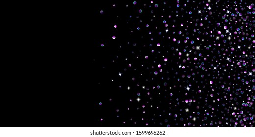 Purple glitter elements, stars shiny confetti. Scattered little, sparkling, flashing ultra violet, Random tiny stellar falling on black background. New Year, Christmas background. Vector illustration.