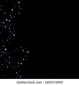 Purple glitter elements, stars shiny confetti. Scattered little, sparkling, flashing ultra violet, Random tiny stellar falling on black background. New Year, Christmas background. Vector illustration.