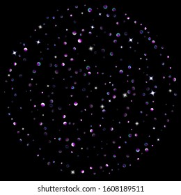 Purple glitter elements, stars shiny confetti. Scattered little, sparkling, flashing ultra violet, Random tiny stellar falling on black background. New Year, Christmas background. Vector illustration.