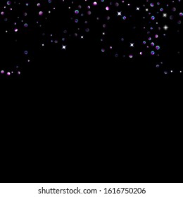 Purple glitter elements, stars shiny confetti. Scattered little, sparkling, flashing ultra violet, Random tiny stellar falling on black background. New Year, Christmas background. Vector illustration.