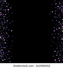 Purple glitter elements, stars shiny confetti. Scattered little, sparkling, flashing ultra violet, Random tiny stellar falling on black background. New Year, Christmas background. Vector illustration.