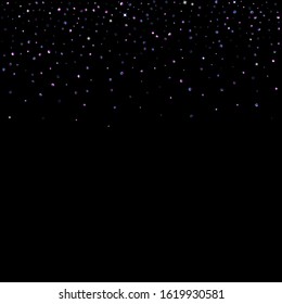 Purple glitter elements, stars shiny confetti. Scattered little, sparkling, flashing ultra violet, Random tiny stellar falling on black background. New Year, Christmas background. Vector illustration.