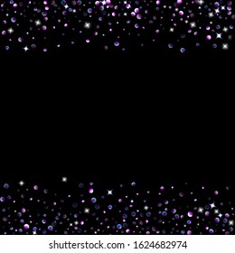 Purple glitter elements, stars shiny confetti. Scattered little, sparkling, flashing ultra violet, Random tiny stellar falling on black background. New Year, Christmas background. Vector illustration.