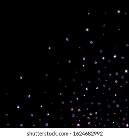 Purple glitter elements, stars shiny confetti. Scattered little, sparkling, flashing ultra violet, Random tiny stellar falling on black background. New Year, Christmas background. Vector illustration.