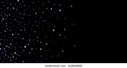 Purple glitter elements, stars shiny confetti. Scattered little, sparkling, flashing ultra violet, Random tiny stellar falling on black background. New Year, Christmas background. Vector illustration.