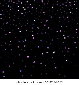 Purple glitter elements, stars shiny confetti. Scattered little, sparkling, flashing ultra violet, Random tiny stellar falling on black background. New Year, Christmas background. Vector illustration.