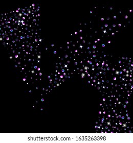 Purple glitter elements, stars shiny confetti. Scattered little, sparkling, flashing ultra violet, Random tiny stellar falling on black background. New Year, Christmas background. Vector illustration.