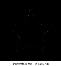 Purple glitter elements, stars shiny confetti. Scattered little, sparkling, flashing ultra violet, Random tiny stellar falling on black background. New Year, Christmas background. Vector illustration.