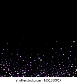 Elementos de brillo morado, confeti reluciente estrellas. Disperso, pequeño, brillante, ultra violeta, El estelar al azar cayó sobre fondo negro. Año Nuevo, antecedentes de Navidad. Ilustración vectorial.