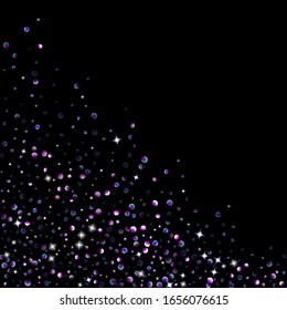 Purple glitter elements, stars shiny confetti. Scattered little, sparkling, flashing ultra violet, Random tiny stellar falling on black background. New Year, Christmas background. Vector illustration.