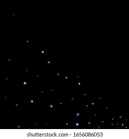 Purple glitter elements, stars shiny confetti. Scattered little, sparkling, flashing ultra violet, Random tiny stellar falling on black background. New Year, Christmas background. Vector illustration.