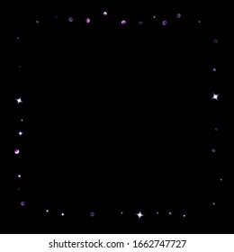 Purple glitter elements, stars shiny confetti. Scattered little, sparkling, flashing ultra violet, Random tiny stellar falling on black background. New Year, Christmas background. Vector illustration.