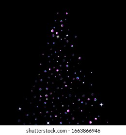 Purple glitter elements, stars shiny confetti. Scattered little, sparkling, flashing ultra violet, Random tiny stellar falling on black background. New Year, Christmas background. Vector illustration.