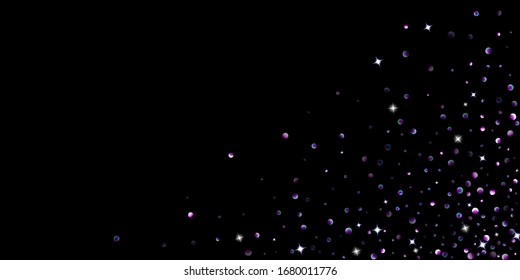 Purple glitter elements, stars shiny confetti. Scattered little, sparkling, flashing ultra violet, Random tiny stellar falling on black background. New Year, Christmas background. Vector illustration.