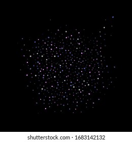 Purple glitter elements, stars shiny confetti. Scattered little, sparkling, flashing ultra violet, Random tiny stellar falling on black background. New Year, Christmas background. Vector illustration.