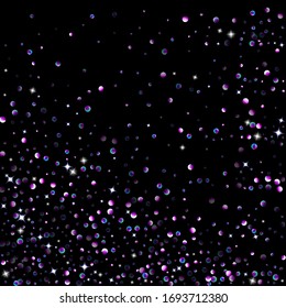 Purple glitter elements, stars shiny confetti. Scattered little, sparkling, flashing ultra violet, Random tiny stellar falling on black background. New Year, Christmas background. Vector illustration.