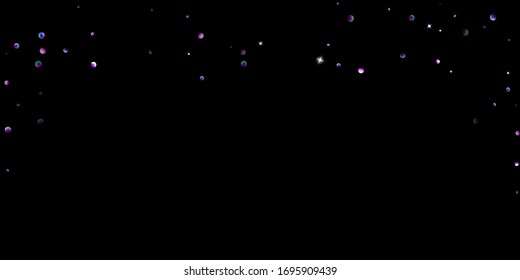 Purple glitter elements, stars shiny confetti. Scattered little, sparkling, flashing ultra violet, Random tiny stellar falling on black background. New Year, Christmas background. Vector illustration.