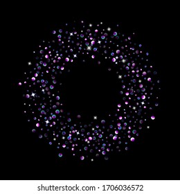 Purple glitter elements, stars shiny confetti. Scattered little, sparkling, flashing ultra violet, Random tiny stellar falling on black background. New Year, Christmas background. Vector illustration.