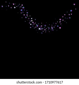 Purple glitter elements, stars shiny confetti. Scattered little, sparkling, flashing ultra violet, Random tiny stellar falling on black background. New Year, Christmas background. Vector illustration.