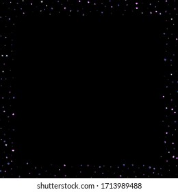 Purple glitter elements, stars shiny confetti. Scattered little, sparkling, flashing ultra violet, Random tiny stellar falling on black background. New Year, Christmas background. Vector illustration.