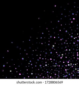 Purple glitter elements, stars shiny confetti. Scattered little, sparkling, flashing ultra violet, Random tiny stellar falling on black background. New Year, Christmas background. Vector illustration.