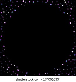 Purple glitter elements, stars shiny confetti. Scattered little, sparkling, flashing ultra violet, Random tiny stellar falling on black background. New Year, Christmas background. Vector illustration.