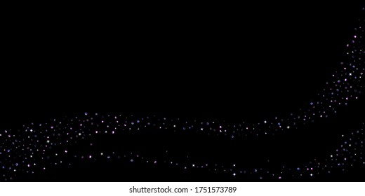 Elementos de brillo morado, confeti brillante con estrellas. Disperso, pequeño, brillante, ultra violeta, al azar pequeño estelar cayendo sobre fondo negro. Año Nuevo, antecedentes de Navidad. Ilustración vectorial.
