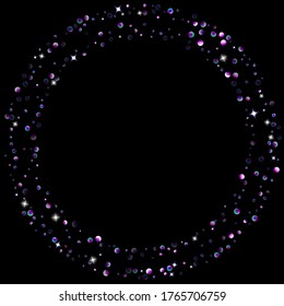 Purple glitter elements, stars shiny confetti. Scattered little, sparkling, flashing ultra violet, Random tiny stellar falling on black background. New Year, Christmas background. Vector illustration.